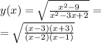 y(x) = \sqrt{ \frac{ x^{2} -9}{ x^{2} -3x+2} } = \\ = \sqrt{ \frac{(x - 3)(x + 3)}{(x - 2)(x - 1)} }