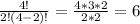 \frac{4!}{2!(4-2)!}=\frac{4*3*2}{2*2}=6