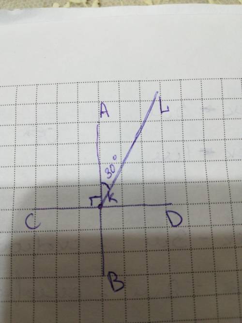 Отрезки ab и cd перпендикулярны и пересекаются в точке k. луч kl лежит внутри угла akd. известно, чт