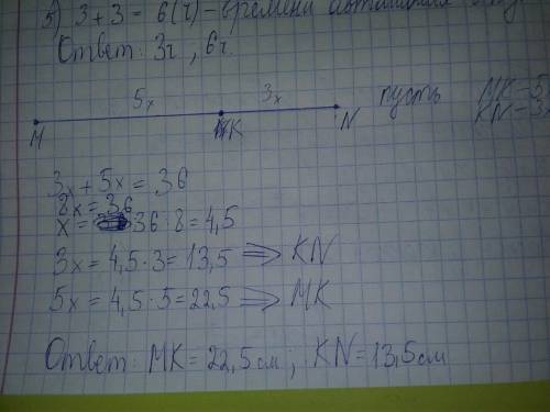 На отрезке mn длиной 36см выбрана точка к.найдите длины отрезков мк и nk,если mk: nk=3: 5