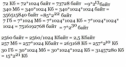 Перевести в байты: 72кб,340мб,7гб перевести в килобайты: 2560 байт,257 мб,30гб.