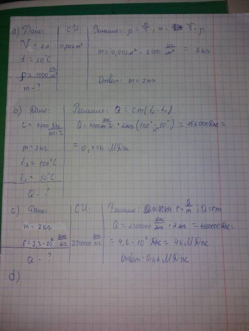 Вода объемом 2 л налита в сосуд и имеет температуру 10 °с. а) определите массу воды. (ρ = 1000 кг/м3