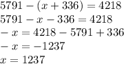 5791 - (x + 336) = 4218 \\ 5791 - x - 336 = 4218 \\ - x = 4218 - 5791 + 336 \\ - x = - 1237 \\ x = 1237