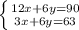 \left \{ {{12x+6y=90} \atop {3x+6y=63}} \right.