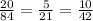 \frac{20}{84}=\frac{5}{21}=\frac{10}{42}