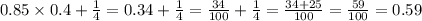 0.85 \times 0.4 + \frac{1}{4} = 0.34 + \frac{1}{4} = \frac{34}{100} + \frac{1}{4} = \frac{34 + 25}{100} = \frac{59}{100} = 0.59