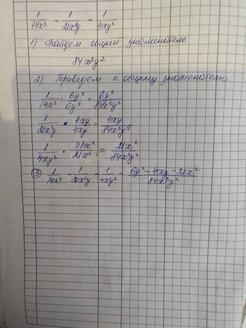 Выполните действия 1/(14x^3)-1/(21x^2y)-1/(4xy^2)