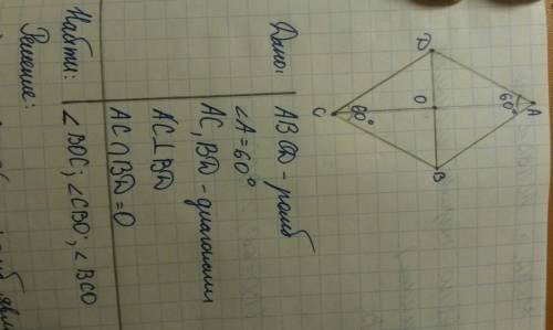 Вромбе авсд угол а равен 60. диагонали ромба пересекаются в точке о. найти углы треугольника вос.