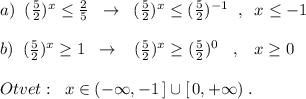 a)\; \; (\frac{5}{2})^{x}\leq \frac{2}{5}\; \; \to \; \; (\frac{5}{2})^{x}\leq (\frac{5}{2})^{-1}\; \; ,\; \; x\leq -1\\\\b)\; \; (\frac{5}{2})^{x}\geq 1\; \; \to \; \; \; (\frac{5}{2})^{x}\geq (\frac{5}{2})^0\; \; \; ,\; \; \; x\geq 0\\\\Otvet:\; \; x\in (-\infty ,-1\, ]\cup [\, 0,+\infty )\; .