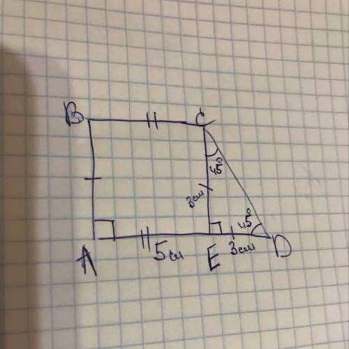 Впрямоугольной трапеции авсd из вершины тупого угла с проведена высота се, ае = 5 см, de = 3 cм, уго