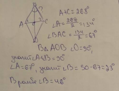 Вычисли острый угол ромба, если сумма двух углов этого ромба равна 268°