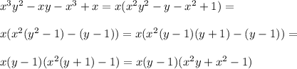 x^3y^2-xy-x^3+x=x(x^2y^2-y-x^2+1)=\\ \\ x(x^2(y^2-1)-(y-1))=x(x^2(y-1)(y+1)-(y-1))=\\ \\ x(y-1)(x^2(y+1)-1)=x(y-1)(x^2y+x^2-1)\\ \\