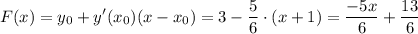 \displaystyle F(x)=y_0+y'(x_0)(x-x_0)=3-\frac{5}{6}\cdot \left(x+1\right)=\frac{-5x}{6}+\frac{13}{6}