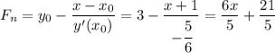 \displaystyle F_n=y_0-\frac{x-x_0}{y'(x_0)}=3-\frac{x+1}{-\cfrac{5}{6}}=\frac{6x}{5}+\frac{21}{5}