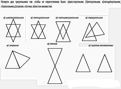 Начертить 2 триугольника так чтоб их пересечением были: а) шестиугольник; б) пятиугольник; в) чотыре