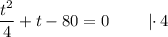 \dfrac{t^{2}}{4} + t - 80 = 0 \ \ \ \ \ \ \ | \cdotp 4