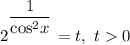 2^{^{\dfrac{1}{\text{cos}^{2}x}}} = t, \ t 0