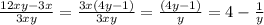 \frac{12xy-3x}{3xy} =\frac{3x(4y-1)}{3xy} =\frac{(4y-1)}{y} =4-\frac{1}{y}