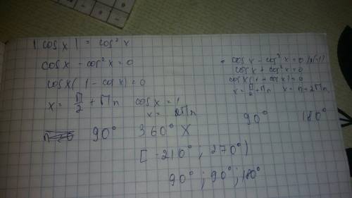 Найди сумму корней уравнения |cosx| = cos²x (в градусах) на промежутке [-210°; 270°]