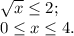 \sqrt{x} \leq 2;\\0\leq x\leq 4.