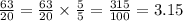 \frac{63}{20} = \frac{63}{20} \times \frac{5}{5} = \frac{315}{100} = 3.15