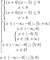 \begin{bmatrix}\left\{\begin{matrix}(x+6)(x-5)\geq0\\x8\end{matrix}\right.\end{matrix}\\\\\begin{bmatrix}\left\{\begin{matrix}x\in(-\infty;-6]\cup[5;+\infty)\\x\in(-\infty;8)\end{matrix}\right.\\\left\{\begin{matrix}x\in[-6;5]\\x\in(8;+\infty)\end{matrix}\right.\end{matrix}\\\\\begin{bmatrix}x\in(-\infty;-6]\cup[5;8)\\x\in\O\end{matrix}\\\\x\in(-\infty;-6]\cup[5;8)