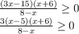 \frac{(3x-15)(x+6)}{8-x}\geq0\\\frac{3(x-5)(x+6)}{8-x}\geq0