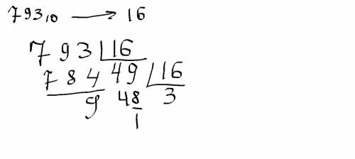 Завтра переведите число 793 из десятичной системы счисления в двоичную, восьмеричную и шестнадцатери
