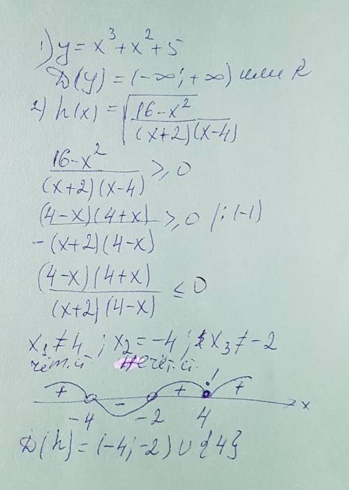 Найдите область определения функции: 1) y=-x^3+x^2+5 2) h(x)= корень из 16-x^2/(x+2)(x-4)