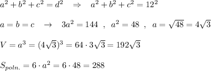 a^2+b^2+c^2=d^2\; \; \; \Rightarrow \; \; \; a^2+b^2+c^2=12^2\\\\a=b=c\; \; \; \to \; \; \; 3a^2=144\; \; ,\; \; a^2=48\; \; ,\; \; a=\sqrt{48}=4\sqrt3\\\\V=a^3=(4\sqrt3)^3=64\cdot 3\sqrt3=192\sqrt3\\\\S_{poln.}=6\cdot a^2=6\cdot 48=288