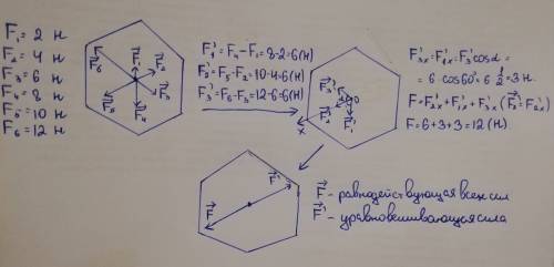 До центра правильного шестикутника прикладені сили 2,0 н; 4,0 н; 6,0 н; 8,0 н; 10 н та 12 н, напрямл
