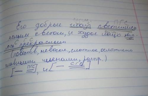 Синтаксический разбор предложения: его добрые глаза светились ясным светом, и худое лицо казалось пр