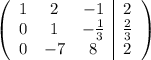 \left(\begin{array}{ccc|c}1&2&-1&2\\0&1&-\frac{1}{3}&\frac{2}{3}\\0&-7&8&2\end{array}\right)