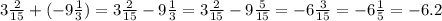 3 \frac{2}{15} + ( - 9 \frac{1}{3} ) = 3 \frac{2}{15} - 9 \frac{1}{3} = 3 \frac{2}{15} - 9 \frac{5}{15} = - 6 \frac{3}{15} = - 6 \frac{1}{5} = - 6.2