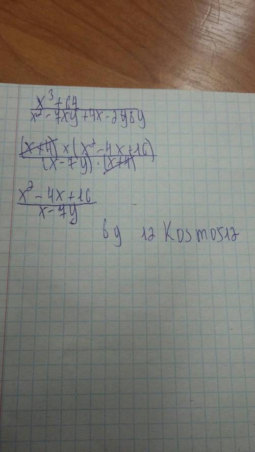 Сократите дробь: х^3+64/х^2-7ху+4х-28у