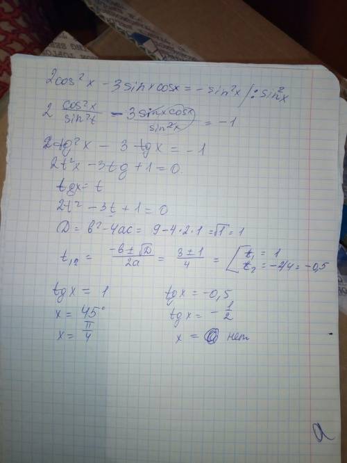 Решите уравнение 2cos²x-3sinxcosx=-sin²x