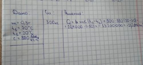 Какое количество теплоты отдает кирпичная печь массой 0,3т,остывая от 70°c до 20°c? удельная теплоём