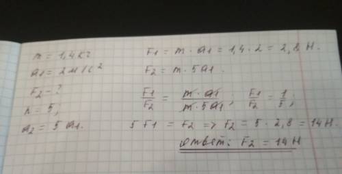 Тело массовой m=1.4 кг действием некоторой силы движется с ускорением а1=2 м/с². определите силу f2,