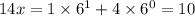 14x = 1 \times {6}^{1} + 4 \times {6}^{0} = 10