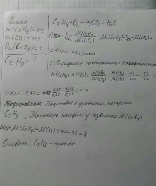 Дано: m(cxhy)=11г m(co2)=33г д co2 = 1 cxhy-? решите с пояснением (