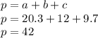 p = a + b + c \\ p = 20.3 + 12 + 9.7 \\ p = 42