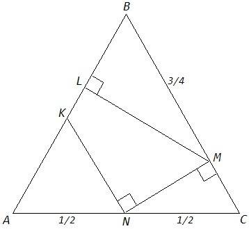 Площа правильного трикутника дорівнює 32 см .точка n середина відрізка ас ,точка m ,l та k розташова