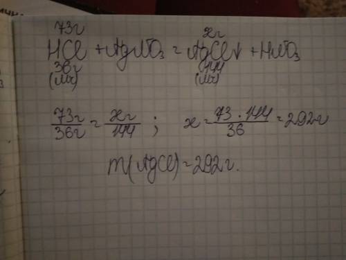 Знайдіть масу осаду який утворився при зливанні 73г 50% розчину хлоридної кислоти з аргентум нітрату