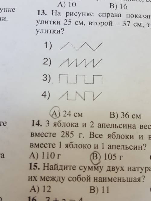 На рисунке показаны пути четырёх улиток. длина пути первой улитки 25 см, второй-37, третьей-38 см. ч