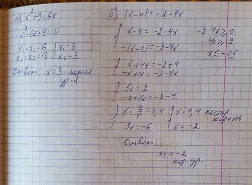 Какие из чисел -3; -2; 2: 3 являются корнем уравнения? а) x в квадрате + 9=6x б) |x-4| = -2-4x