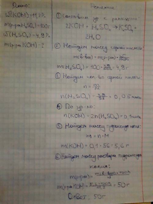 Определите массу 11,2% раствора гидроксида калия, вступившего в реакцию со 100г 4,9% раствора серной