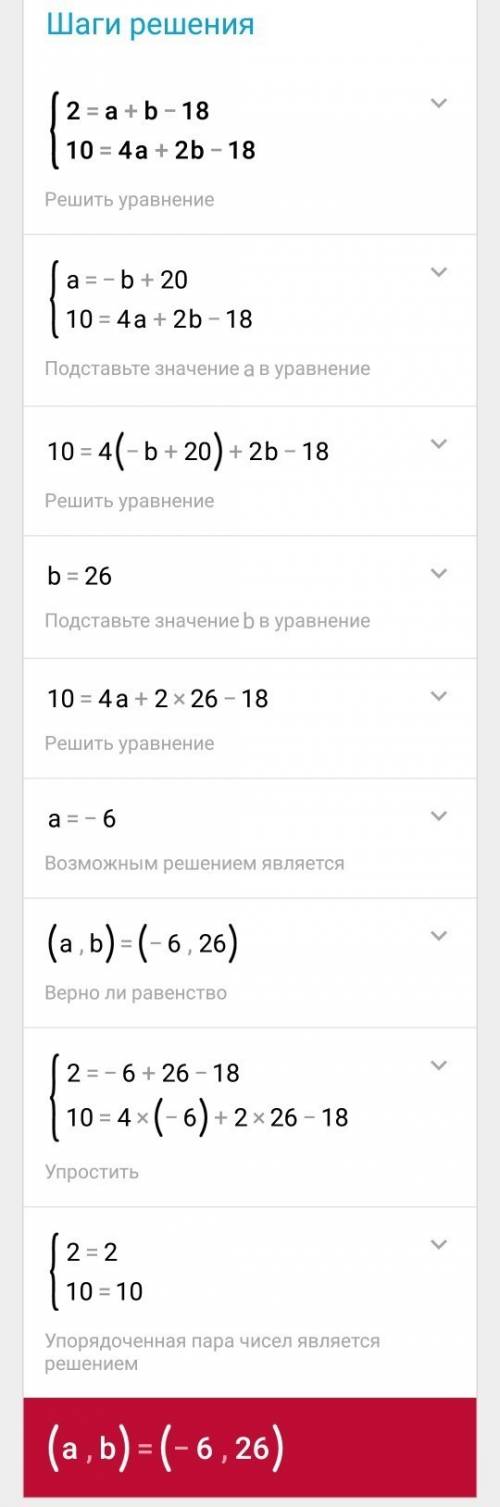 При каких значениях а и b график функции y=ax^2+bx-18 проходить через точки m(1; 2) h(2; 10)