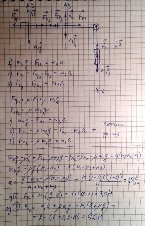 По горизонтальной поверхности перемещаются два тела под действием третьего, связанного с первыми дву