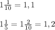 1\frac{1}{10}=1,1\\\\1\frac{1}{5}=1\frac{2}{10}=1,2\\