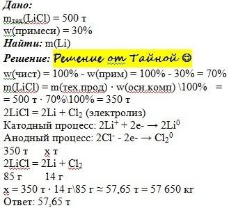 Cколько кг li получиться из 500 т хлорида лития содержащего 30% примесей?